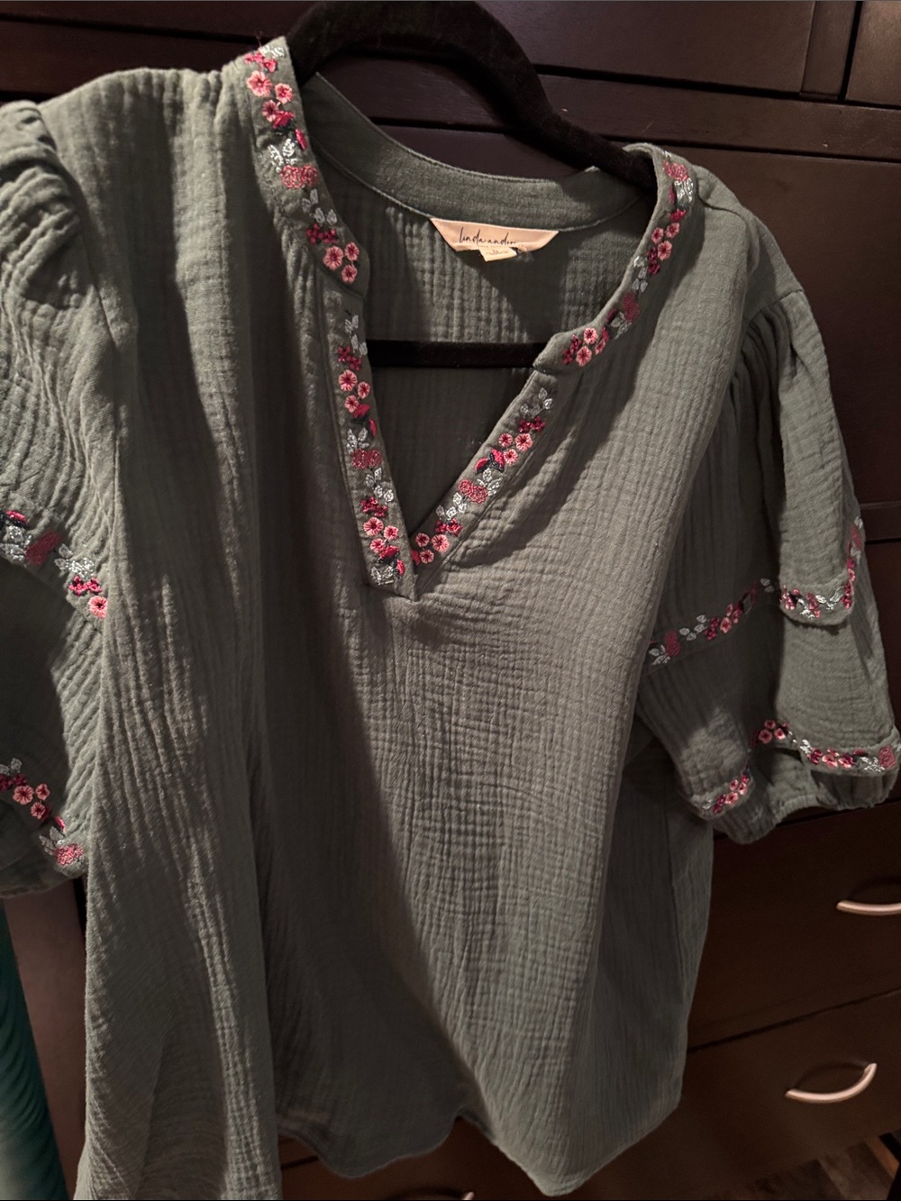 Embroidered Olive Green Women’s V-Neck Peasant Tunic